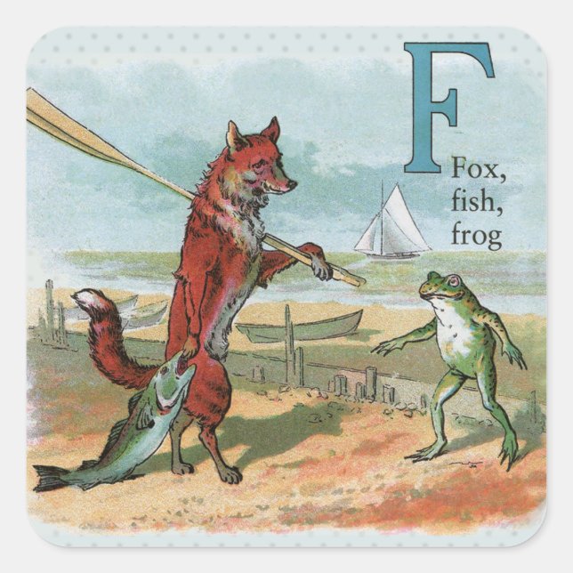 Fox Frog Fishing Antike Illustration Quadratischer Aufkleber (Vorderseite)