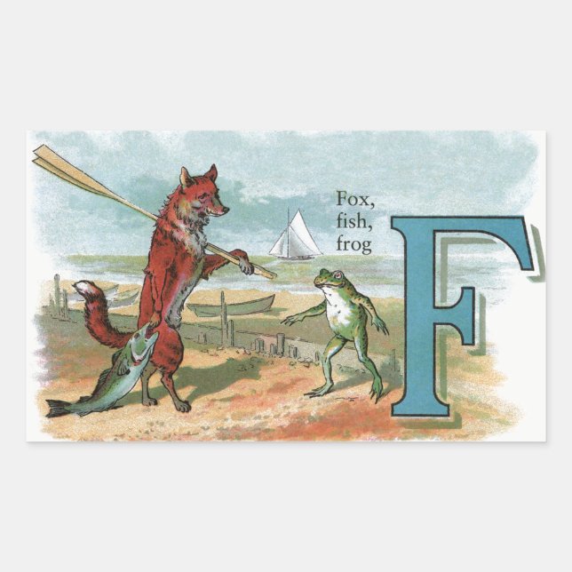 Fox Frog Fishing Antike Illustration Rechteckiger Aufkleber (Vorderseite)