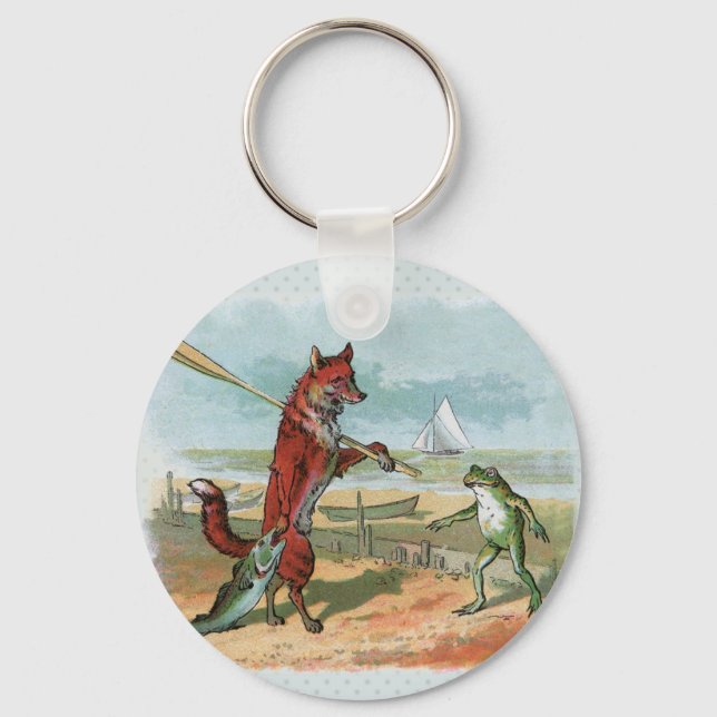 Fox Frog Fishing Antike Illustration Schlüsselanhänger (Vorderseite)