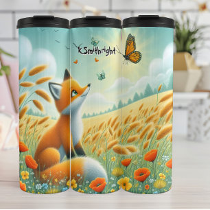 Fox Gazing an Schmetterlingen in einem Weizenfeld Thermosbecher