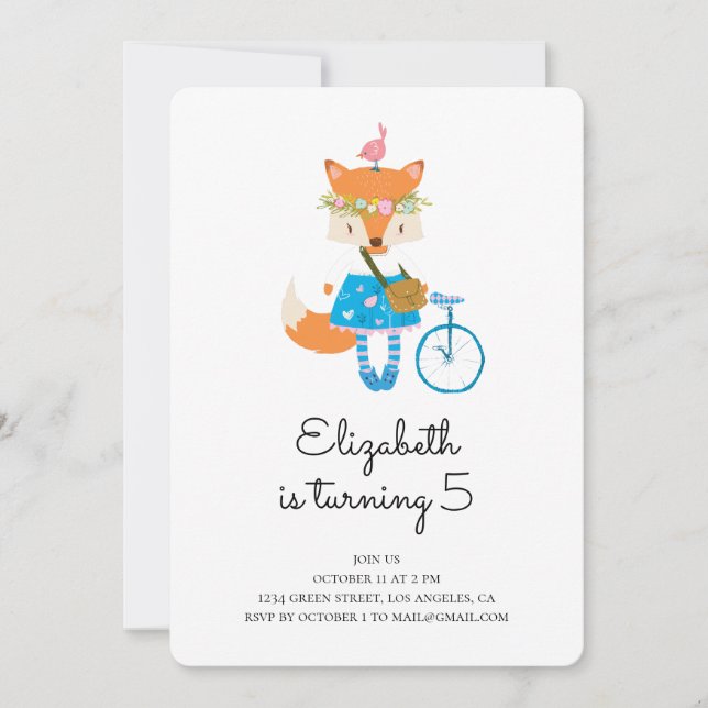 Fox Geburtstagsfeier Einladung. Mädchen. Tierart Einladung (Vorderseite)