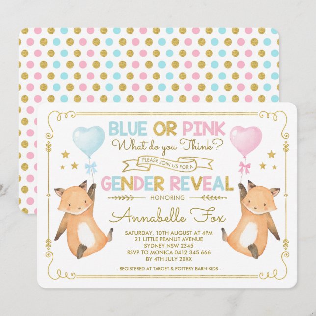 Fox Gender Reveal Baby Dusche Blue Pink Gold Einladung (Vorne/Hinten)
