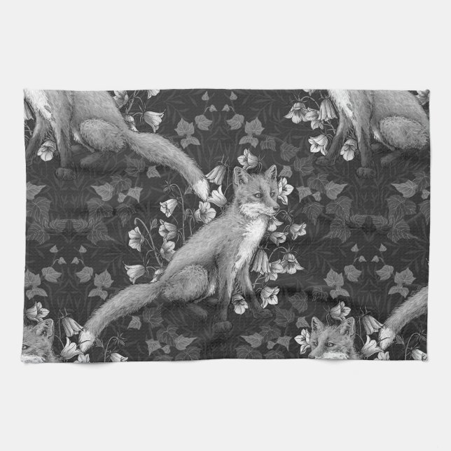 Fox, Glockenblumen und Efeu, einfarbig, silberne W Geschirrtuch (Horizontal)
