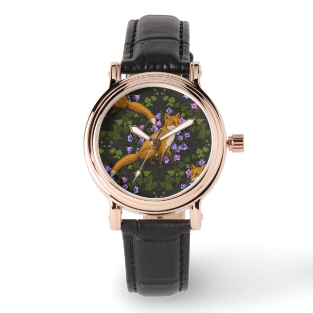 Fox, Glockenblumen und Efeu, grün, orange und viol Armbanduhr (Vorderseite)