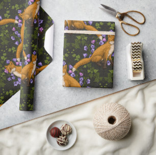 Fox, Glockenblumen und Efeu, grün, orange und viol Geschenkpapier