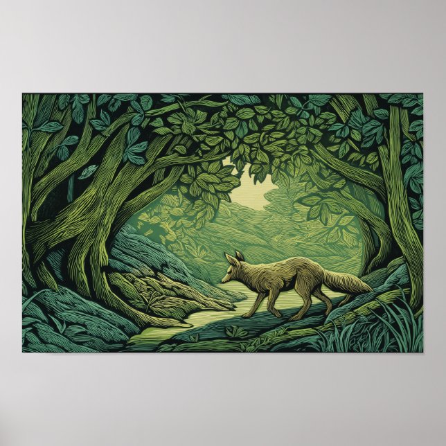 Fox in a forest with woodcut textures poster (Vorne)