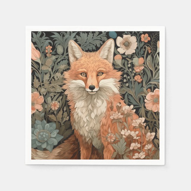 Fox in Autumn Garden William Morris Style Serviette (Vorderseite)