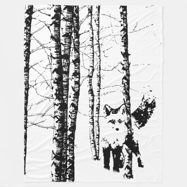 Fox in Birch Tree Forest Black Silhouette Fleecedecke (Vorderseite)