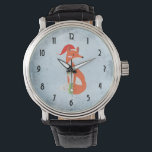 Fox in Christmas Hat auf Blue Gray Vintag Backdrop Armbanduhr<br><div class="desc">Eine Uhr mit einer niedlichen Orangenfoxillustrierung. Er trägt auch eine rote Weihnachtsmannmütze und hat festlich grüne dekorative Akzente auf seinem Schwanz und auf der anderen Seite seiner Brust. Art Deko Stil Uhr Gesicht.</div>