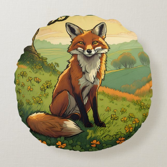 Fox in den Kleeblättern Rundes Kissen (Vorderseite)