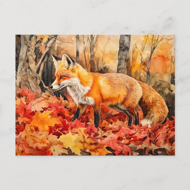 Fox in Herbstwald Aquarellmalerei Postkarte (Vorderseite)