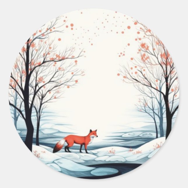 Fox in Snow Round Sticker - Weihnachten (Vorderseite)