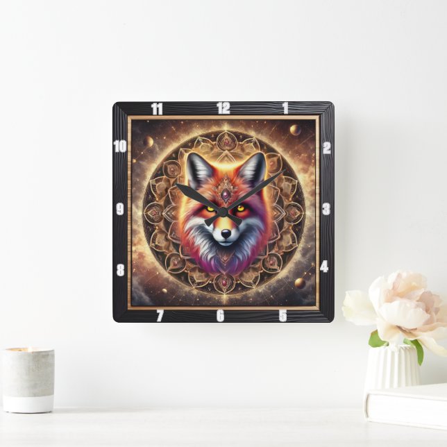 Fox Intricate Mandala Design Lebende kosmische Far Quadratische Wanduhr (Zuhause)