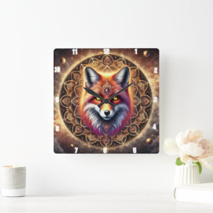 Fox Intricate Mandala Design Lebende kosmische Far Quadratische Wanduhr