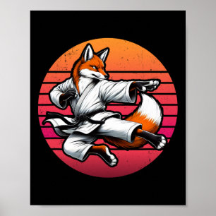 Fox Karate Cartoon Retro Sunset Girls Boys Kids Ka Poster