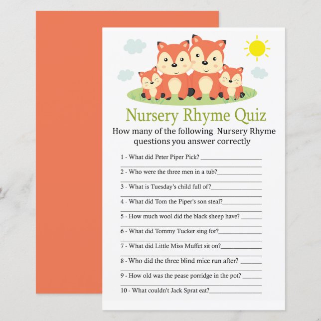 Fox Kinderzimmer Rhyme Quiz Babyduschenspiel (Vorne/Hinten)
