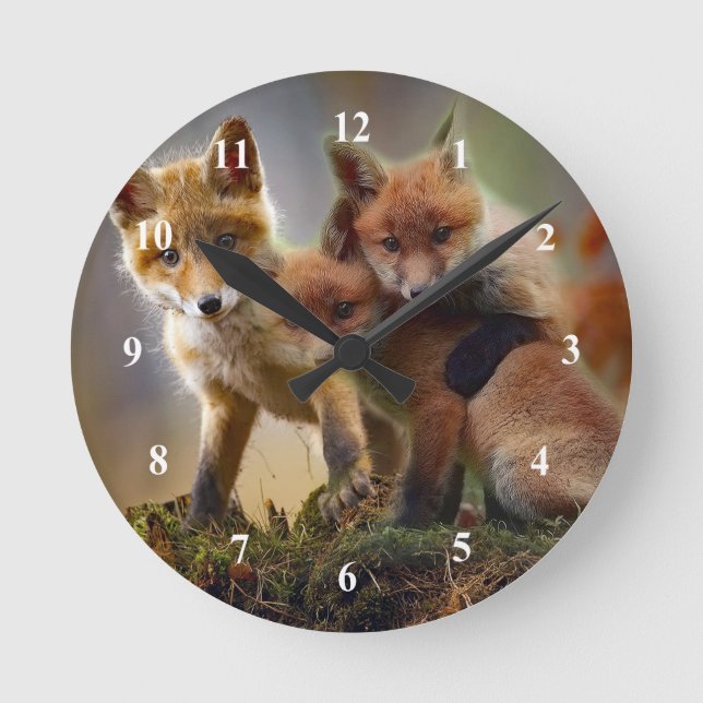 Fox Kits Foto Runde Wanduhr (Vorderseite)