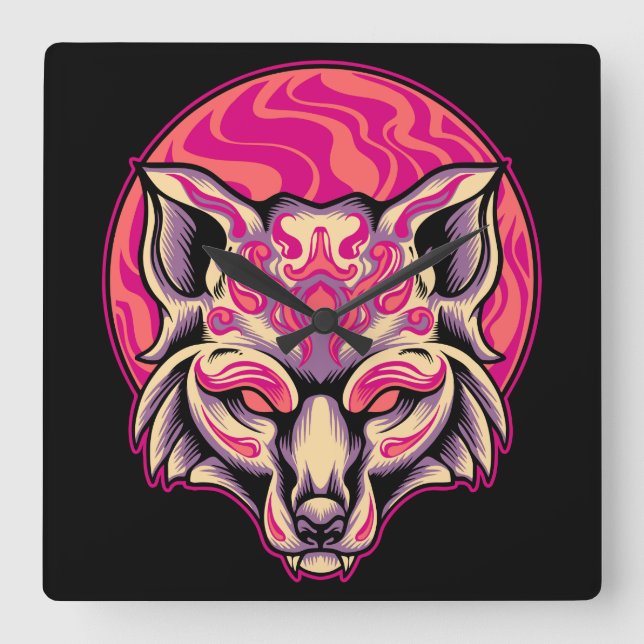 Fox Kitsune Quadratische Wanduhr (Vorderseite)