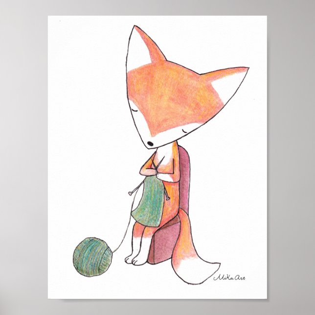 Fox Knitting Fox Wall Art Poster Woodland Kinderzi (Vorne)