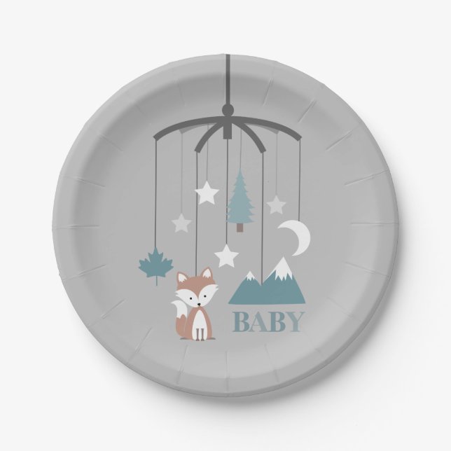 Fox-Krippen-bewegliche moderne blaue Babyparty Pappteller (Vorderseite)