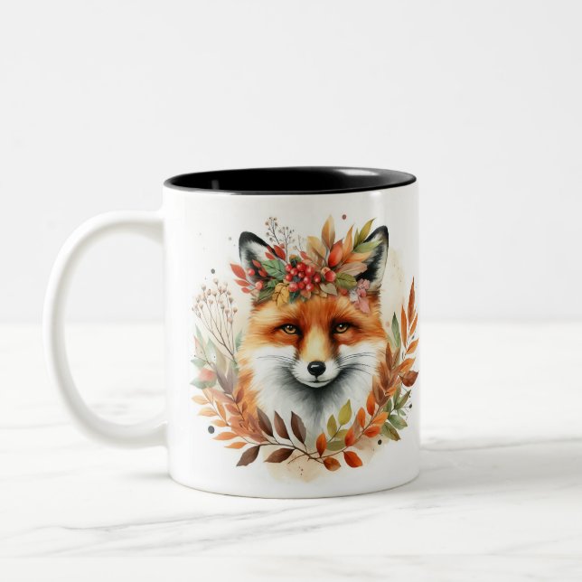 Fox Lover Autum/Fall-Waldmonogramm Geburtstag Zweifarbige Tasse (Links)