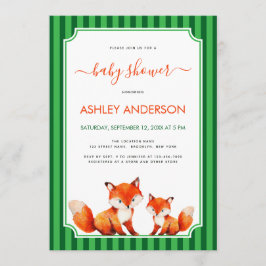 Fox Mama and Baby Shower Green Stripes Cute Einladung