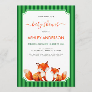 Fox Mama and Baby Shower Green Stripes Cute Einladung