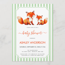 Fox Mama and Baby Shower Pale Green Stripes Cute Einladung
