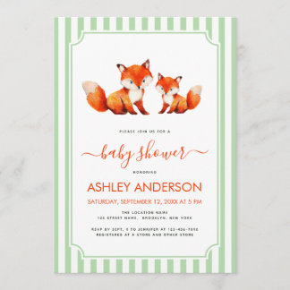 Fox Mama and Baby Shower Pale Green Stripes Cute Einladung