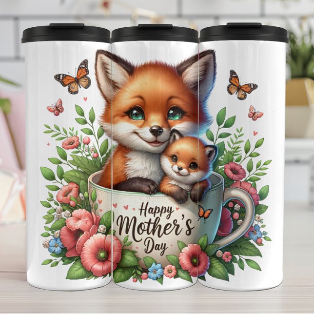 Fox-Mama: Cub, Blume, Muttertag Thermosbecher (Von Creator hochgeladen)