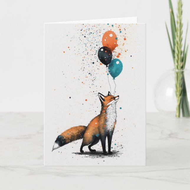 Fox mit Balloon und Party Hat Grußkarte Karte (Vorderseite)