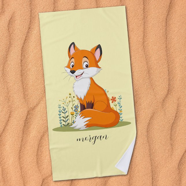 Fox mit Blume, Name des Kindes auf blassgelb Strandtuch (Von Creator hochgeladen)
