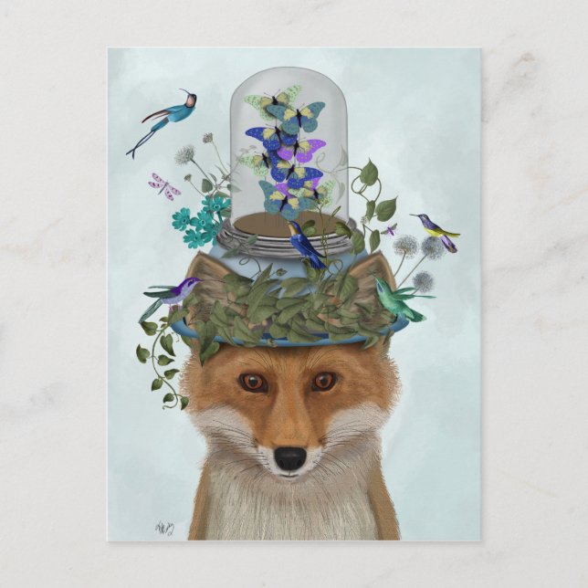 Fox mit Butterfly Bell Jar Postkarte (Vorderseite)