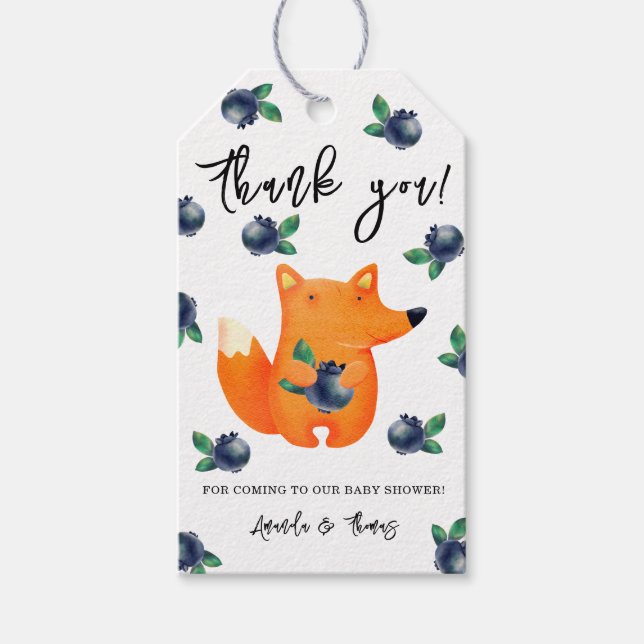 Fox mit Heidelbeeren - Danke, Baby Dusche Geschenkanhänger (Vorderseite)