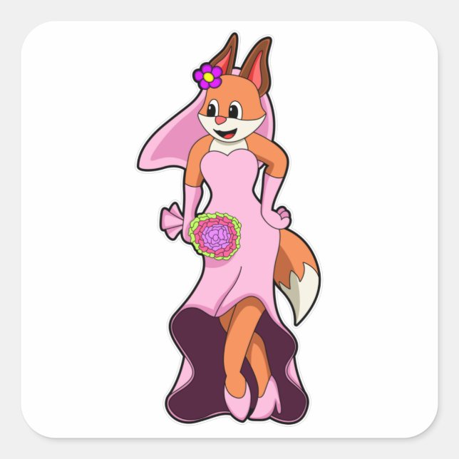Fox mit Hochzeitskleid & Blume Quadratischer Aufkleber (Vorderseite)