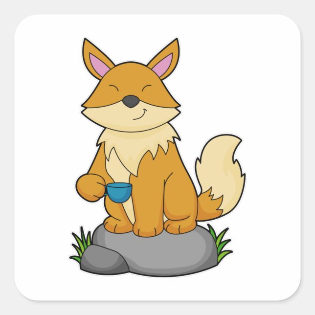 Fox mit Kaffeetasse Quadratischer Aufkleber (Vorderseite)