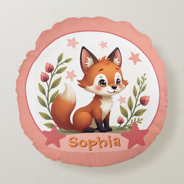Fox mit Name Typografie Rundes Kissen (Vorderseite)