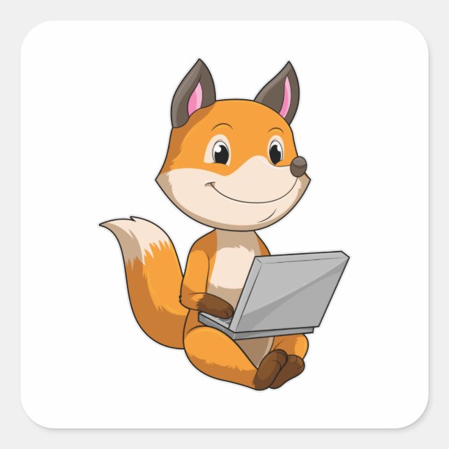 Fox mit Notebook Quadratischer Aufkleber (Vorderseite)