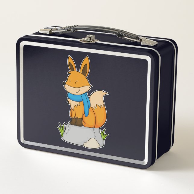 Fox mit Scarf auf Rock Metall Brotdose (Vorderseite)