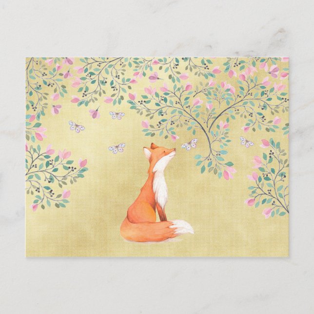 Fox mit Schmetterlingen und rosa Blume Postkarte (Vorderseite)