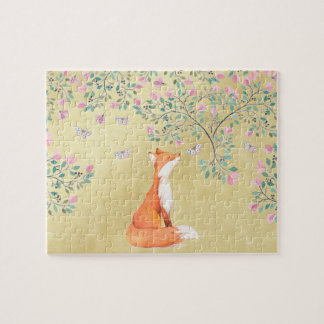 Fox mit Schmetterlingen und rosa Blumen