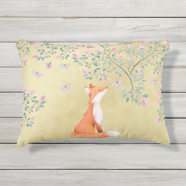 Fox mit Schmetterlingen und rosa Blumen Kissen Für Draußen (Vorderseite)