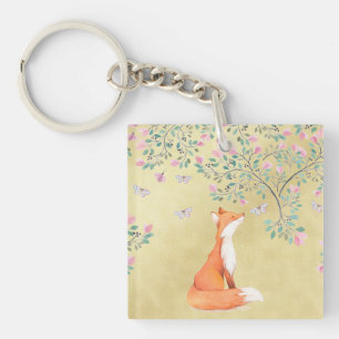Fox mit Schmetterlingen und rosa Blumen Schlüsselanhänger