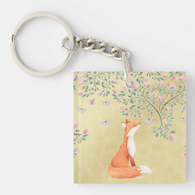 Fox mit Schmetterlingen und rosa Blumen Schlüsselanhänger (Vorderseite)