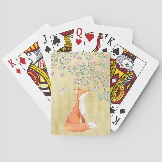 Fox mit Schmetterlingen und rosa Blumen Spielkarten (Rückseite)