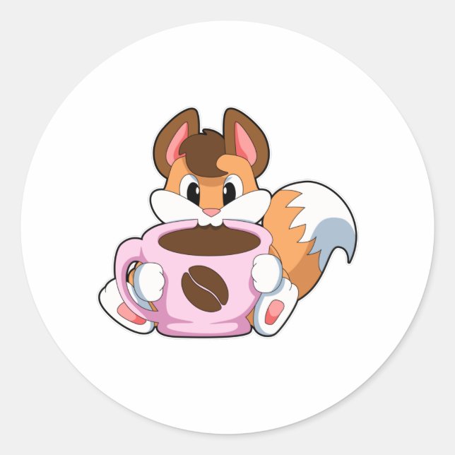 Fox mit Tasse Kaffee Runder Aufkleber (Vorderseite)