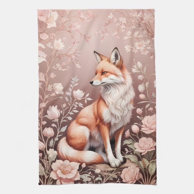 Fox mit traumhaft rosa Blüte Geschirrtuch (Vertikal)