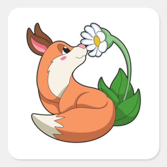 Fox mit weißer Blume Quadratischer Aufkleber (Vorderseite)