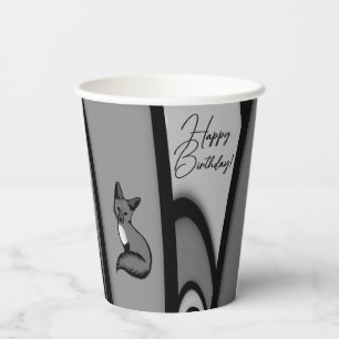 Fox Modern Art Design in Silver Happy Birthday Pappbecher