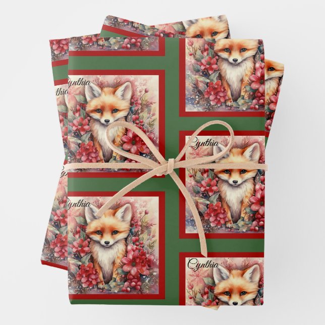 Fox Niedliche Weihnachtsnachtsnacht Name Bloral Geschenkpapier Set (Beispiel)